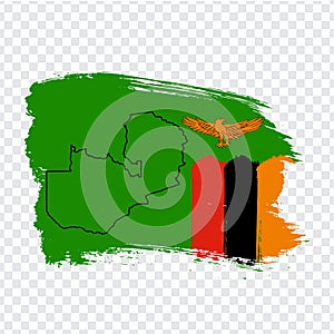 Flag Zambia from brush strokes and Blank map of Zambia. High quality map Republic of Zambia and flag on transparent background for
