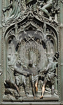 Flagellation of Christ, detail of the main bronze door of the Milan Cathedral