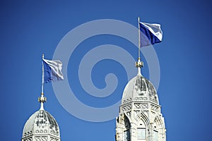 Flagged steeple of Grossmunster, Zurich photo