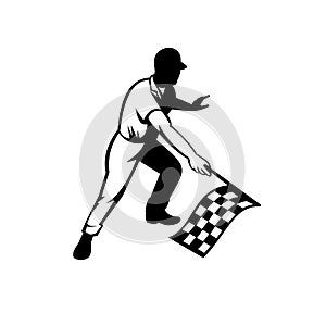 Flagman Race Official Waving Checkered or Chequered Flag Finish Line Retro Retro Black and White