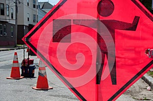 Flagman Sign at Construction Site