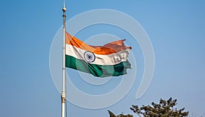 Flagpole waving striped textile, symbol of patriotism and freedom generated by AI