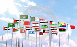 the flags of the 22 Arab countries ripple in the sky