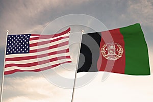 Flags of Afghanistan and United States of America USA waving with cloudy blue sky background, 3D rendering