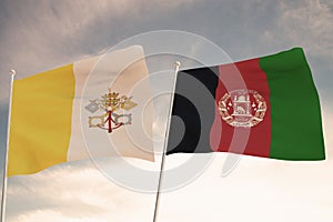 Flags of Afghanistan and Vatican waving with cloudy blue sky background, 3D rendering