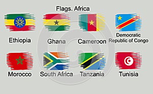 Flags of Africa, set. Ethiopia, Ghana, Cameroon, DRC, Morocco, Tanzania, Tunisia