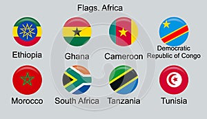 Flags of Africa, set. Ethiopia, Ghana, Cameroon, DRC, Morocco, Tanzania, Tunisia