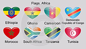 Flags of Africa, set. Ethiopia, Ghana, Cameroon, DRC, Morocco, Tanzania, Tunisia