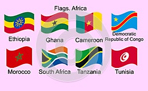 Flags of Africa, set. Ethiopia, Ghana, Cameroon, DRC, Morocco, Tanzania, Tunisia