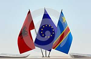 Flags of Albania European Union and Democratic Republic of the Congo DRC, DROC, Congo-Kinshasa