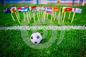 Flags of all football nations on green grass. Football ball, Fans, support photo, edit space