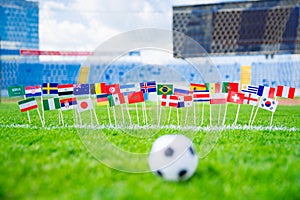 Flags of all football nations on green grass. Football ball, Fans, support photo, edit space