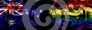 Flags of Australia, Australian vs Venezuela, gay. Smoke flag placed side by side on black background