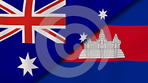 The flags of Australia and Cambodia . News, reportage, business background. 3d illustration