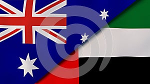 The flags of Australia and United Arab Emirates. News, reportage, business background. 3d illustration