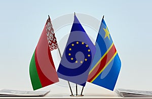 Flags of Belarus European Union and Democratic Republic of the Congo DRC, DROC, Congo-Kinshasa