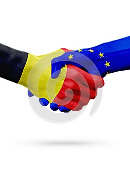 Flags Belgium, European Union countries, partnership friendship handshake concept.