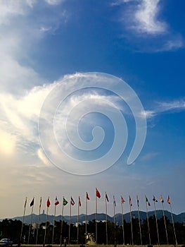 flags in blue sky