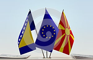 Flags of Bosnia and Herzegovina European Union and Macedonia FYROM