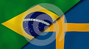 The flags of Brazil and Sweden. News, reportage, business background. 3d illustration