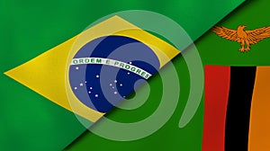 The flags of Brazil and Zambia. News, reportage, business background. 3d illustration