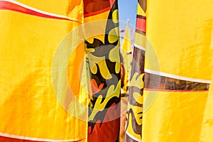 Flags of the brotherhood of Sbandieratori Di Fivizzano parading in a medieval festival
