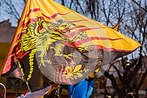 Flags of the brotherhood of Sbandieratori Di Fivizzano parading in a medieval festival