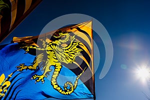 Flags of the brotherhood of Sbandieratori Di Fivizzano parading in a medieval festival