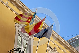 Flags of Catalunya, Spain and Europe next to each other