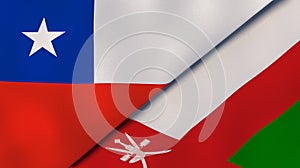 The flags of Chile and Oman. News, reportage, business background. 3d illustration