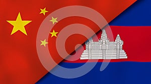 The flags of China and Cambodia . News, reportage, business background. 3d illustration