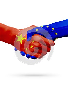 Flags China, European Union countries, partnership friendship handshake concept. 3D illustration