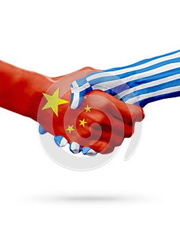 Flags China, Greece countries, partnership friendship handshake concept. 3D illustration