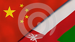 The flags of China and Oman. News, reportage, business background. 3d illustration