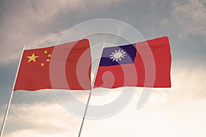 Flags of China and Taiwan waving with cloudy blue sky background, 3D redering United States of America, Chinese Communist Party CC