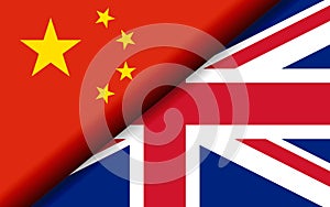 Flags of the China and UK divided diagonally