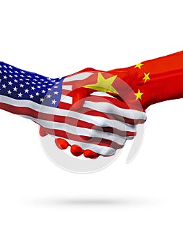 Flags of China and United States countries, overprinted handshake.