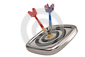 Flags of china and the usa on darts hitting bullseye of the target international cooperation. 3D illustration.