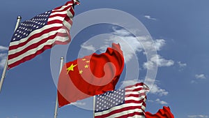 Flags of China and the USA at international meeting, 3D rendering