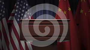 Flags of China and the USA at international meeting, 3D rendering