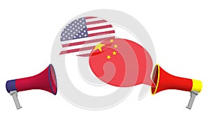 Flags of China and the USA on speech balloons from megaphones. Intercultural dialogue or international talks related 3D