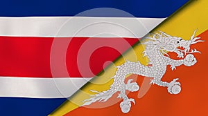 The flags of Costa Rica and Bhutan. News, reportage, business background. 3d illustration