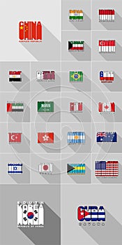 Flags of countries Americas, Asia, Australia, flat design of the letters