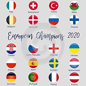 Flags of countries participating in the European Football Championship 2020, soccer ball