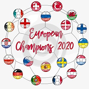 Flags of countries participating in the European Football Championship 2020, soccer ball