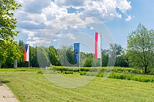 Flags of Czech Republic, Europe Union and Poland in Sudetes on border of three countries