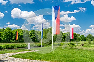 Flags of Czech Republic, Germany, Europe Union and Poland in Sudetes on border of three countries
