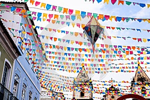 Flags and decorative banners seen ornamenting the streets of Pelourinho for the festivals of Sao Joao