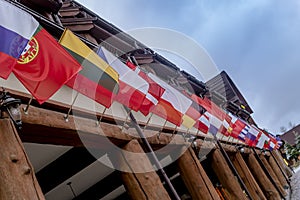 Flags of different countries of the European Union on the building in Poland