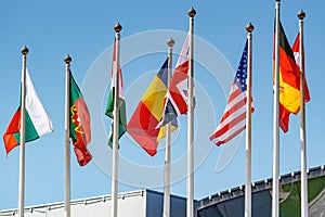 Flags of different countries in sunlight against blue sky